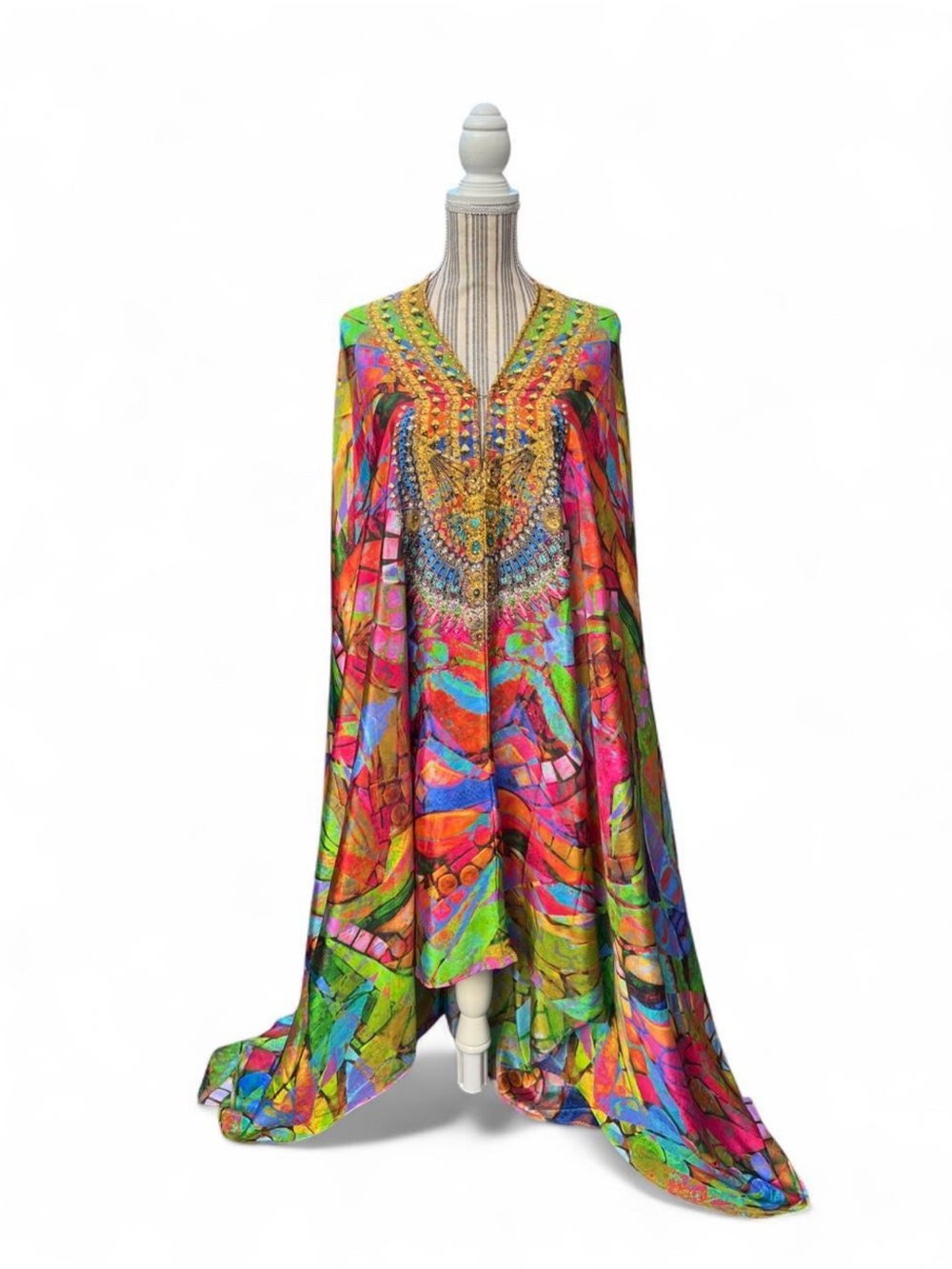 Ranee’s Beaded Symmetrical V-Neck Silk Boho Kaftan Dress